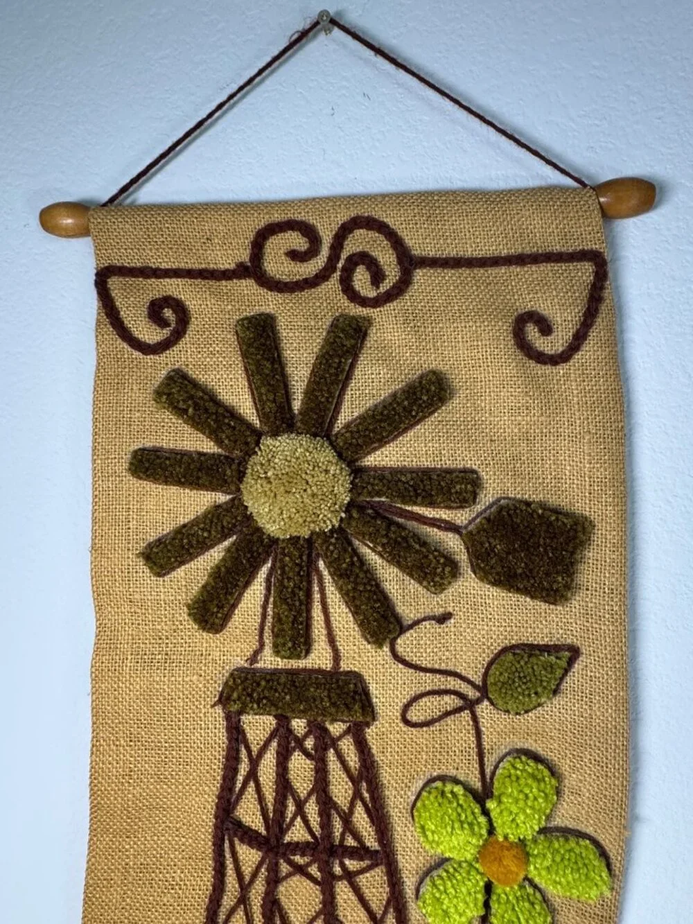 Handcrafted Burlap Yarn Wall Hanging w Windmill Floral Design 1970s Vintage